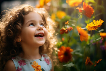 Child's portrait in a whimsical garden, laughing with a butterfly on the nose,