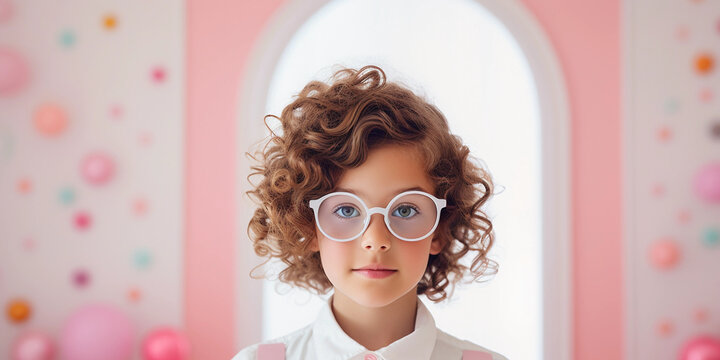 child with oversized glasses that magnify the eyes comically, bright, airy lighting