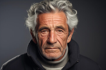 Serene elderly man, textured gray hair, gentle eyes, faint smile