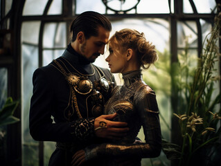 Steampunk couple portrait, embracing in a gear-filled conservatory, elegant attire with metallic embroidery