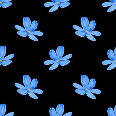 Seamless pattern of blue flax flowers on a black background. Hand drawn illustration by markers. Natural plant. Wildflowers. Botanical hand painted floral elements. For fabric, sketchbook, wallpaper.