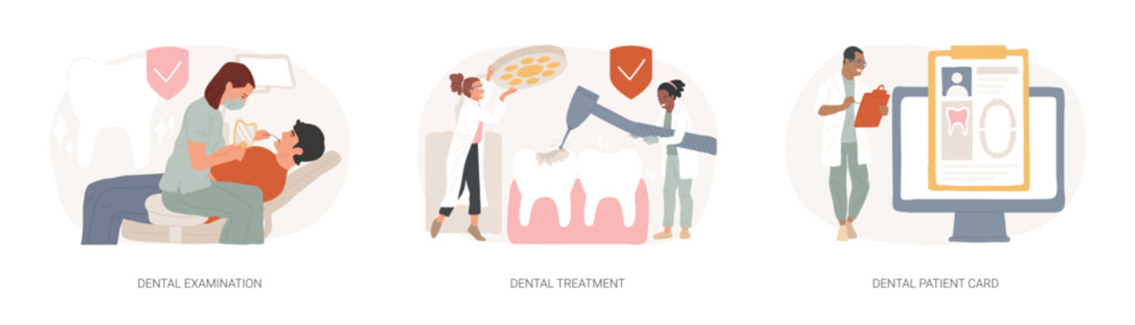Dental care service isolated concept vector illustration set. Dental examination and treatment, patient card, oral test, dentist chair, toothache emergency help, orthodontic vector concept.