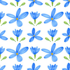 Seamless pattern of blue flax flowers, green leaves. Hand drawn illustration by markers. Wildflowers on a white background. Botanical hand painted floral elements. For fabric, sketchbook, wallpaper.