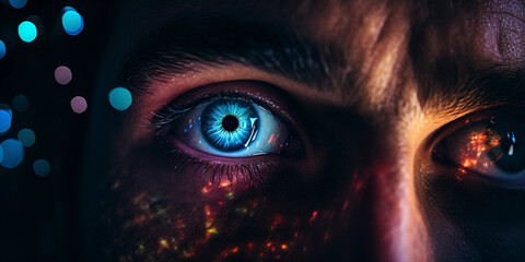 Naklejka premium Surreal portrait of a man with exaggeratedly large eyes, reflecting a vast universe within