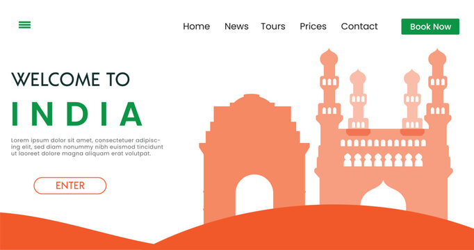 Welcome to India background vector illustration. Travel and Tourism poster. Famous Landmarks in  Gateway Of India .