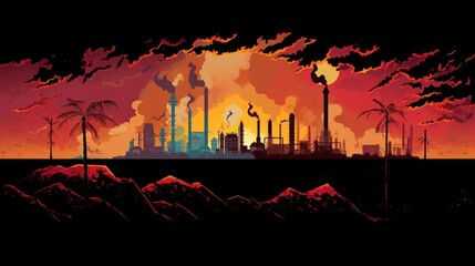 factory in the desert at sunset. illustration. Industry concept. Air pollution Concept