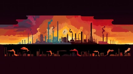 Industrial landscape with factory chimneys at sunset. illustration. Industry concept. Air pollution Concept