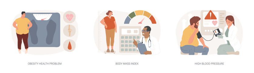 Obese people isolated concept vector illustration set. Obesity health problem, body mass index, high blood pressure, nutrition plan, junk food, body fat, heart attack, diabetes vector concept. - 689840785