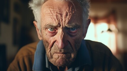 Close-up photo of angry old man - obrazy, fototapety, plakaty