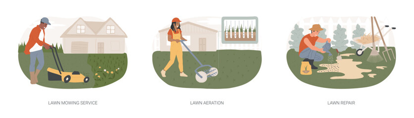 Turf maintenance isolated concept vector illustration set. Lawn mowing service, aeration and repair, gardening, grass fertilization, remove dandelion, thatch and moss, overseeding vector concept. - obrazy, fototapety, plakaty