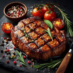 A slice of grilled steak next to a group of vegetables, some spices and rosemary on a dark background