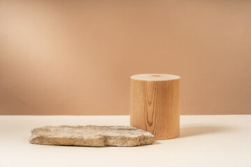 Podium for exhibitions and product presentations, material: stone, wood, dry branches. Beautiful...