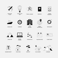 Travel and tourism icons, a set of editable stroke vacation and hotel icons.