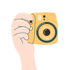Hand holding vintage camera device, flat illustration isolated on the white background
