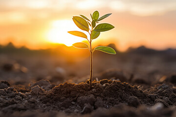A close-up of a young tree sprouting in the soft, sunset light.