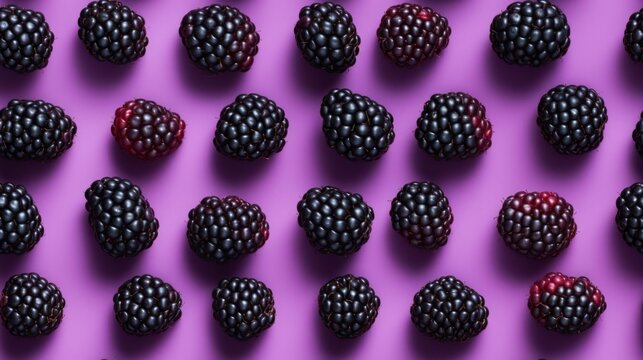 Fresh Organic Blackberry Berry Photorealistic Horizontal Seamless Background. Healthy Vegetarian Diet. Ai Generated Seamless Background with Delicious Juicy Blackberry Berry Arranged in lines.