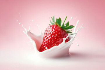 Strawberry in milk splash isolated on pink background. ai generative - obrazy, fototapety, plakaty