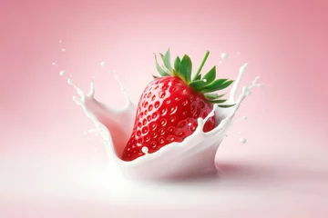 Fotobehang Strawberry in milk splash isolated on pink background. ai generative © Igor