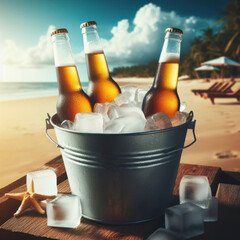 Three beer bottles in bucket full of ice cubes beach. ai generative