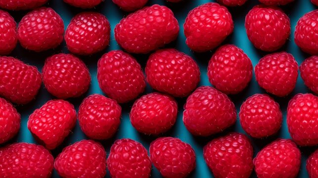 Fresh Organic Raspberry Berry Photorealistic Horizontal Seamless Background. Healthy Vegetarian Diet. Ai Generated Seamless Background with Delicious Juicy Raspberry Berry Arranged in lines.