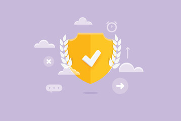 Yellow security shield with a white thick icon on the purple sky with clouds. Protection conceptual illustration.