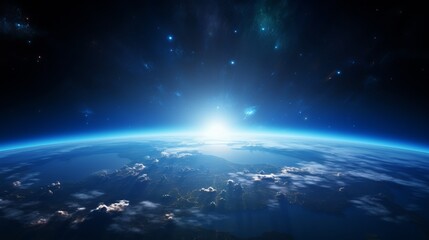 Earth Panorama. Space Shuttle Orbit, Sun and Stars Illuminate Vast Cosmic Backdrop