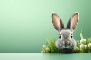 Portrait of a cute Easter bunny on a green background with selective focus and copy space