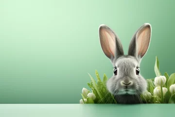 Poster Portrait of a cute Easter bunny on a green background with selective focus and copy space © top images