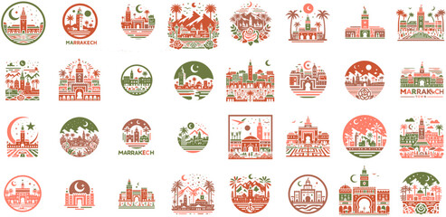 Moroccan Landmarks Marrakech Vector Silhouette Icons and Pictograms Set - obrazy, fototapety, plakaty
