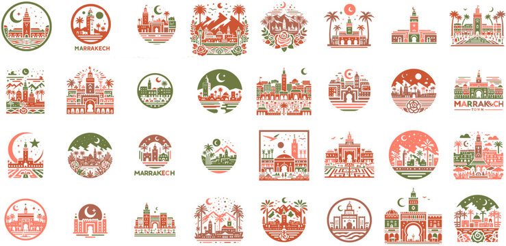 Moroccan Landmarks Marrakech Vector Silhouette Icons and Pictograms Set