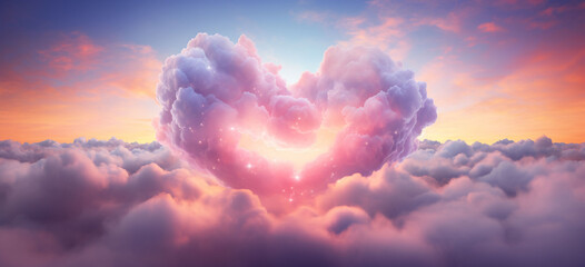 Cloud of love air, heart-shaped cloud in the sky with neon sunset