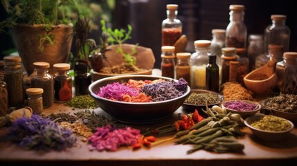 Natural alternatives to face and body care. Aromatic Herbs and Essential Oils for Wellness. Serene setting for relaxation and wellness with aromatic herbs, essential oils, candles.