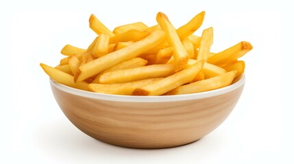 Golden French fries potatoes in a bowl isolated on a white background with clipping path