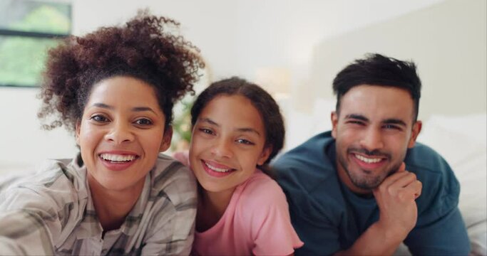 Face, happy and family selfie in bedroom, love and care, bonding and relax together in the morning. Photo portrait, mother and father, kid or parents in bed take picture, smile and memory in home