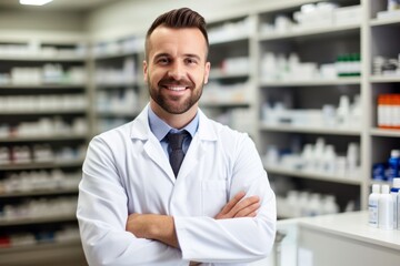 portrait of a smiling confident male pharmacist standing with arms crossed in a pharmacy drugstore