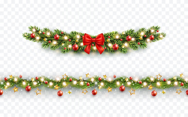 Christmas tree border with green fir branches, red bow, balls, gold lights isolated on transparent background. Pine, xmas evergreen plants frame and seamless banner. Vector string garland decor set - obrazy, fototapety, plakaty