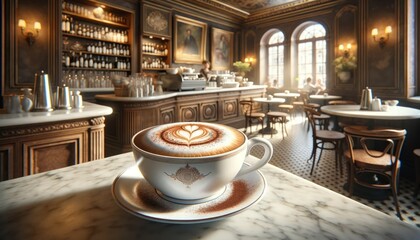 Classic cappuccino in a porcelain cup on marble, with a European café interior and old-world charm.
