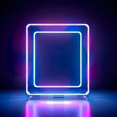 3d render, abstract geometric background with neon square frame glowing with light in the dark. Futuristic showcase for product presentation - Generative AI