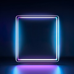 3d render, abstract geometric background with neon square frame glowing with light in the dark. Futuristic showcase for product presentation - Generative AI