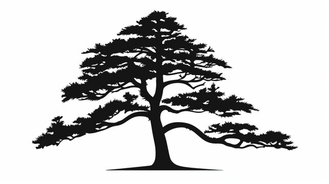 Illustration de la silhouette d'un arbre, cèdre du liban. Noir et blanc. Fond pour création et conception. Branchage, pin, forêt, nature.