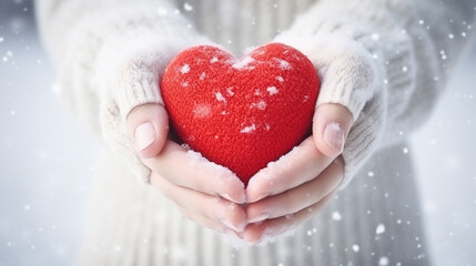 Valentine's Day.
Close up of woman hands holding red heart over winter background with snow. Winter concept.
