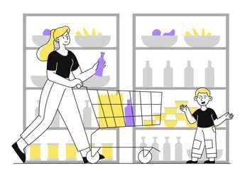 Shopping in grocery outline vector concept
