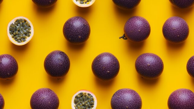 Fresh Organic Passion Fruit Photorealistic Horizontal Seamless Background. Healthy Vegetarian Diet. Ai Generated Seamless Background with Delicious Juicy Passion Fruit Arranged in lines.