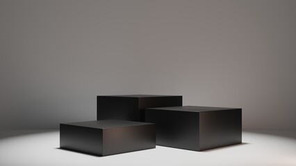 Black empty podium or pedestal for product presentation. Set of black cube on white background. 3d rendering