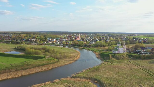 Aerial view of beautiful landscape of Suzdal city. Famous Russian city with orthodox churches and monasteries