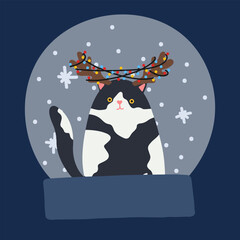 Funny Christmas cat. Drawing of cute cats with garland, Christmas tree, gift box. Design suitable for banner, invitation, card, greeting, banner, cover