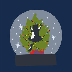 Naklejka premium Funny Christmas cat. Drawing of cute cats with garland, Christmas tree, gift box. Design suitable for banner, invitation, card, greeting, banner, cover