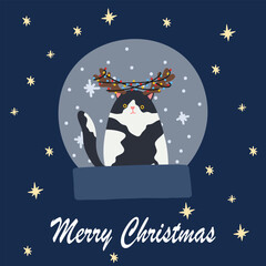 Fototapeta premium Funny Christmas cat. Drawing of cute cats with garland, Christmas tree, gift box. Design suitable for banner, invitation, card, greeting, banner, cover