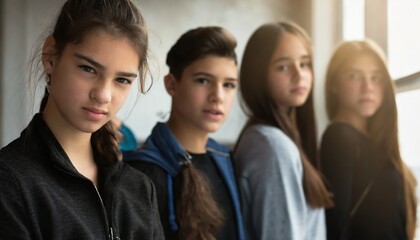 Obraz premium group of young teenagers, boy and girls, friends or group, expulsion from group or bad mood or quarrel or being offended or worries and problems