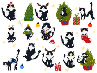 Funny Christmas cat set. Collection drawing of cute cats with garland, Christmas tree, gift box. Design suitable for banner, invitation, card, greeting, banner, cover